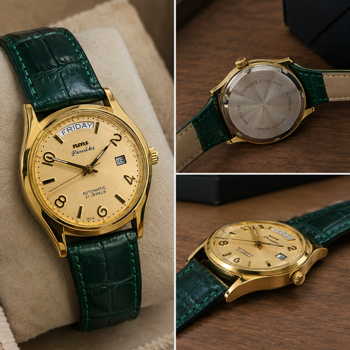 Gold Dial Automatic Analogue Watch for Men with Green Crocodile Pattern Leather Strap.