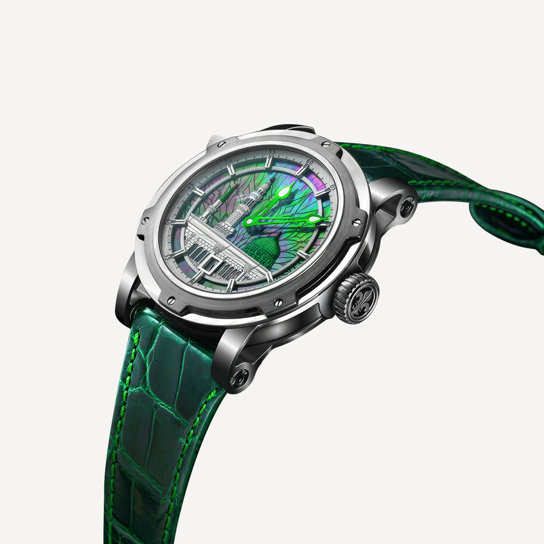 Green Mosque Dial Luxury Analogue Watch with Crocodile Pattern Leather Strap for Men