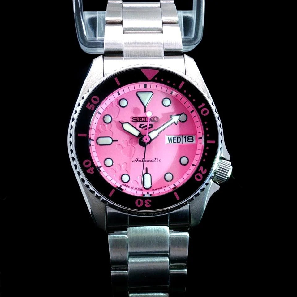 Pink Dial Automatic Analogue Watch for Men with Stainless Steel Strap.