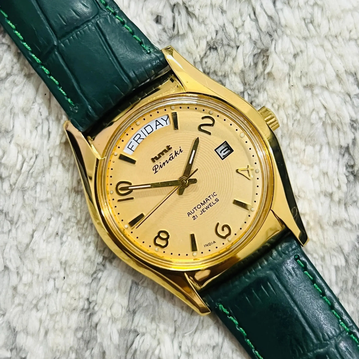 Gold Dial Automatic Analogue Watch for Men with Green Crocodile Pattern Leather Strap.