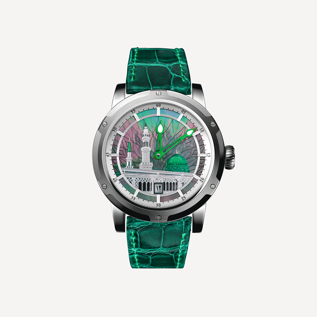 Green Mosque Dial Luxury Analogue Watch with Crocodile Pattern Leather Strap for Men