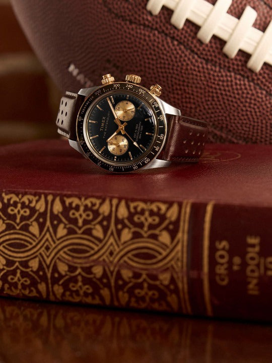 Black Chronograph Analogue Watch for Men with Tachymeter Bezel & Brown Leather Strap