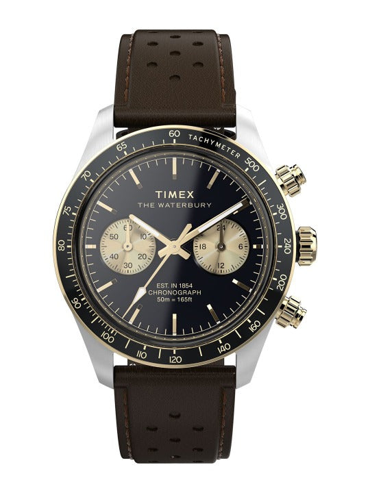 Black Chronograph Analogue Watch for Men with Tachymeter Bezel & Brown Leather Strap