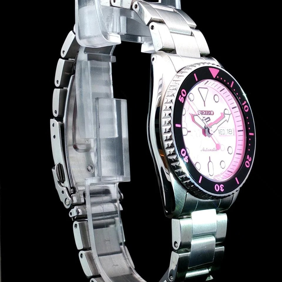 Pink Dial Automatic Analogue Watch for Men with Stainless Steel Strap.