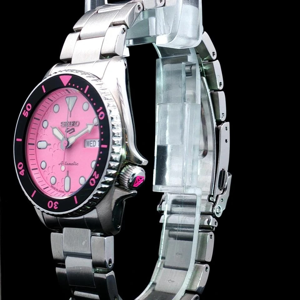 Pink Dial Automatic Analogue Watch for Men with Stainless Steel Strap.